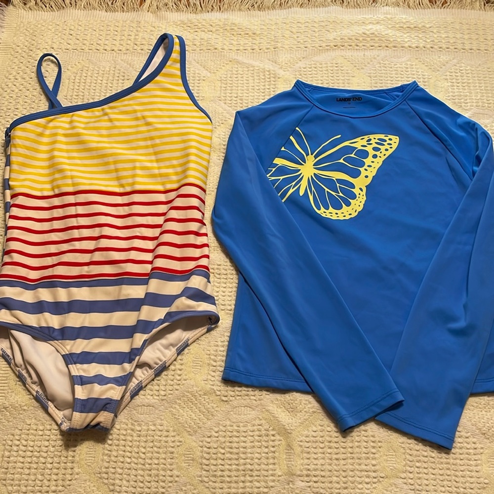 Lands end size 10 girls once piece bathing suit with rash guard